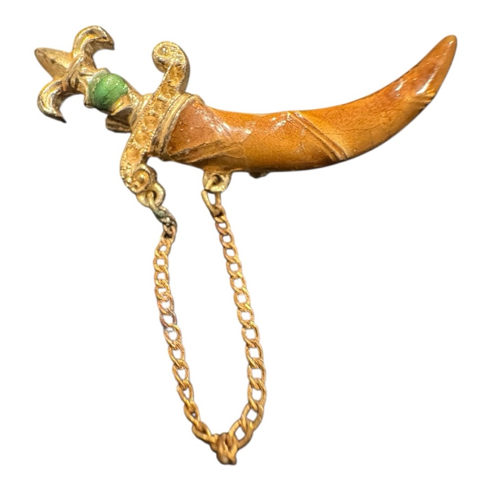 Vintage Gold & Amber Dagger Brooch with Chain – Green Accents J18
